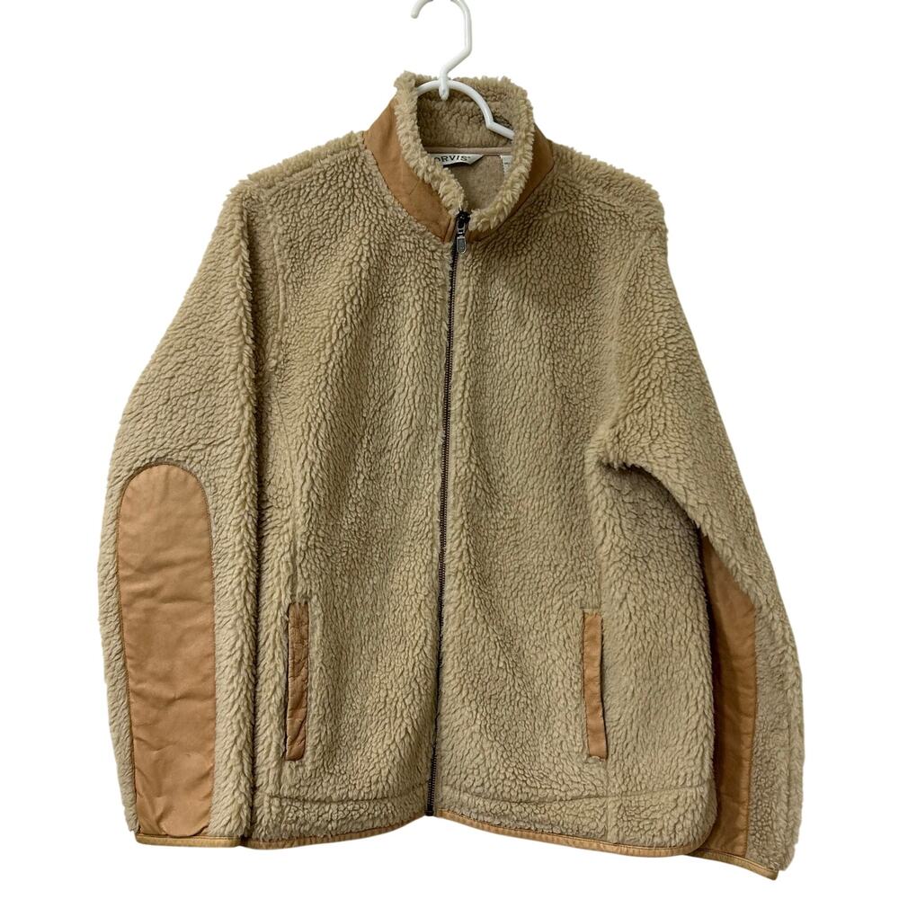 Orvis Womens Sz Large Tan Sherpa Fleece Full Zip Jacket Leather Trim Elbow Patch